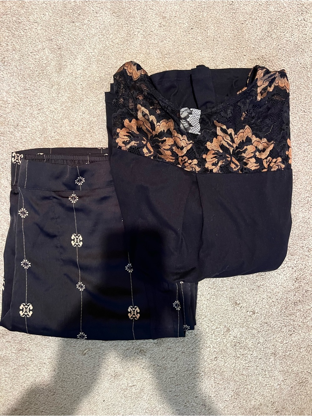 Soma lounge Black Lace-Trim top with Gold Floral Detail and pants